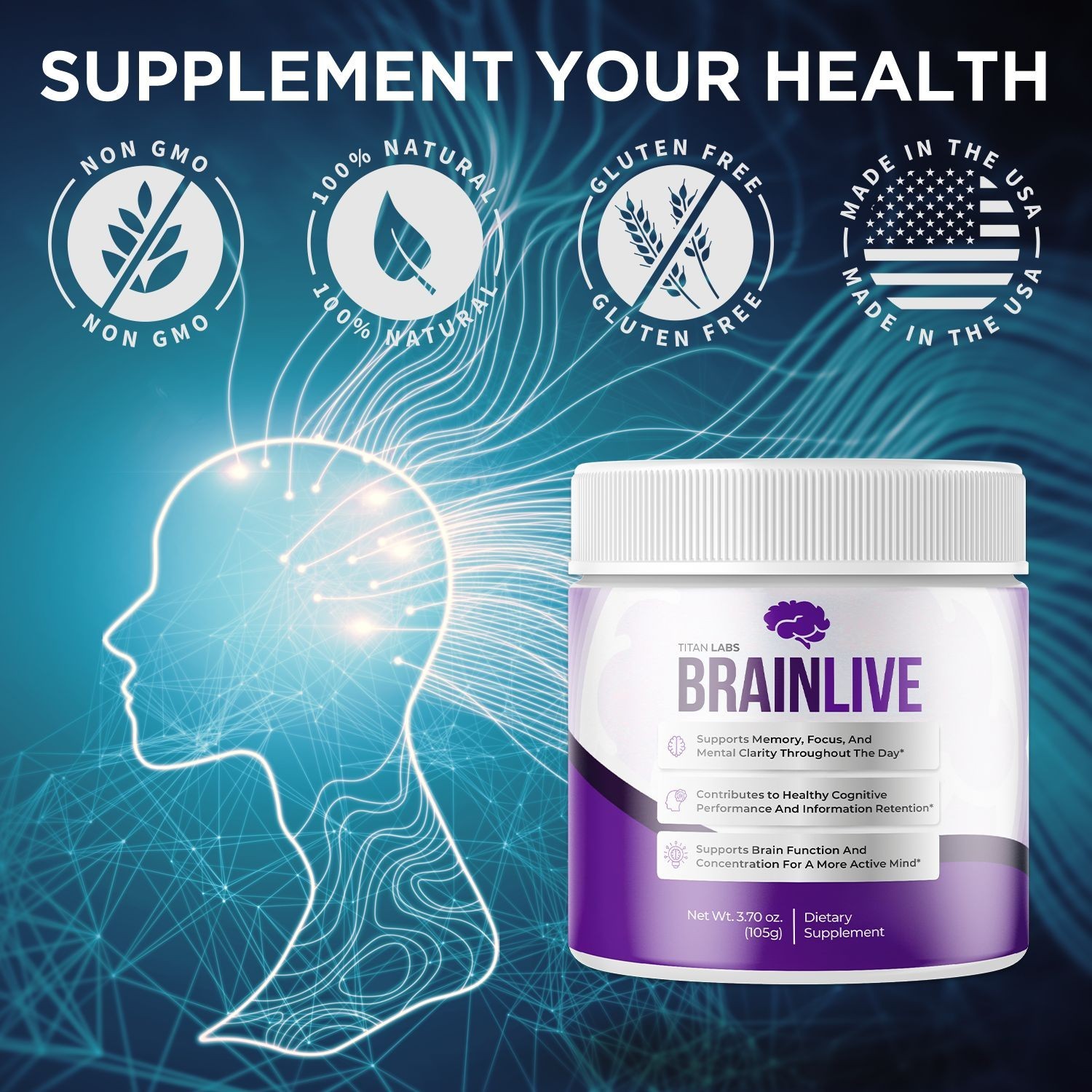 (3 Pack) BrainLive Powder Advanced Natural Brain Support Brain Live 90 Servings