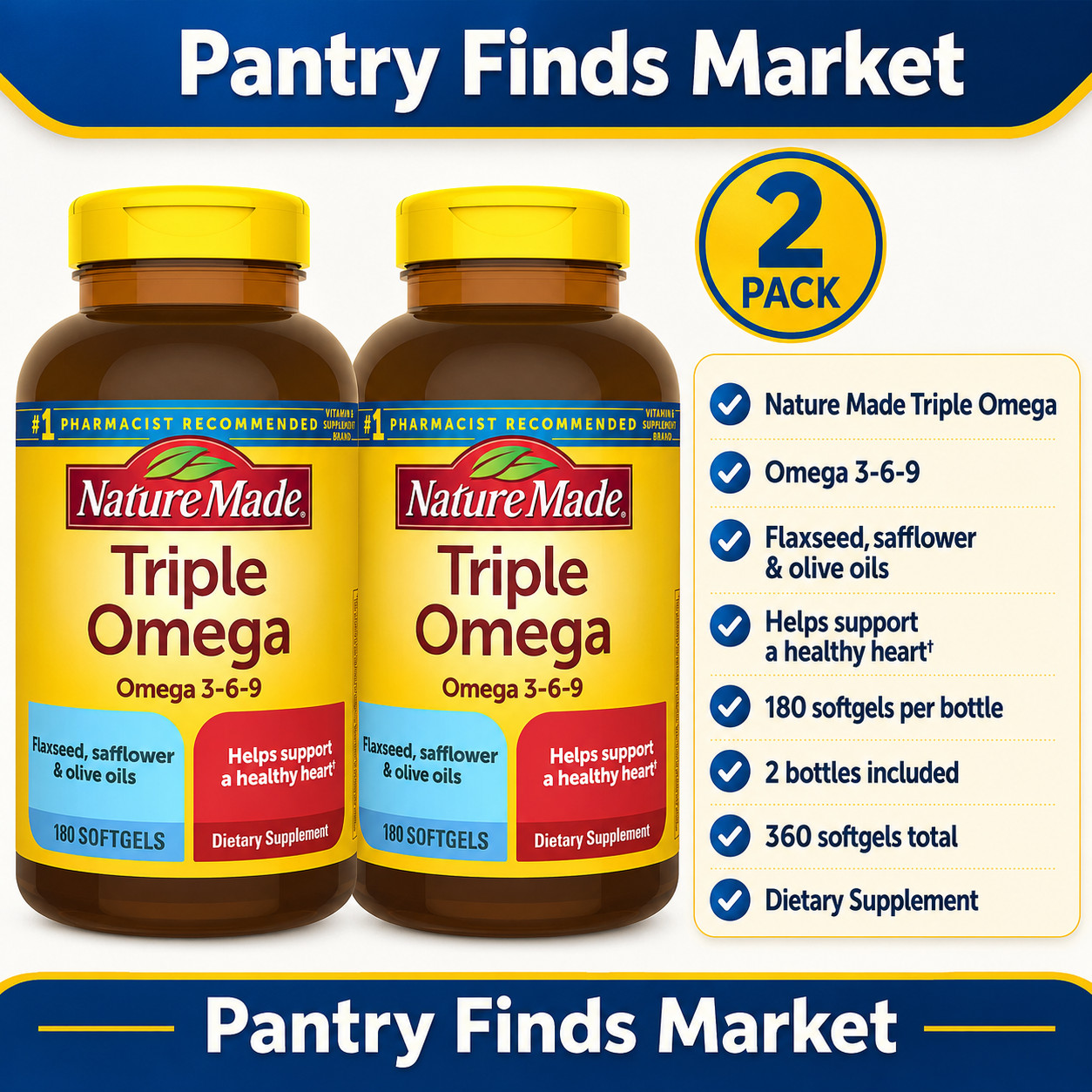 2-Pack Nature Made Triple Omega 3-6-9 180 Softgels each
