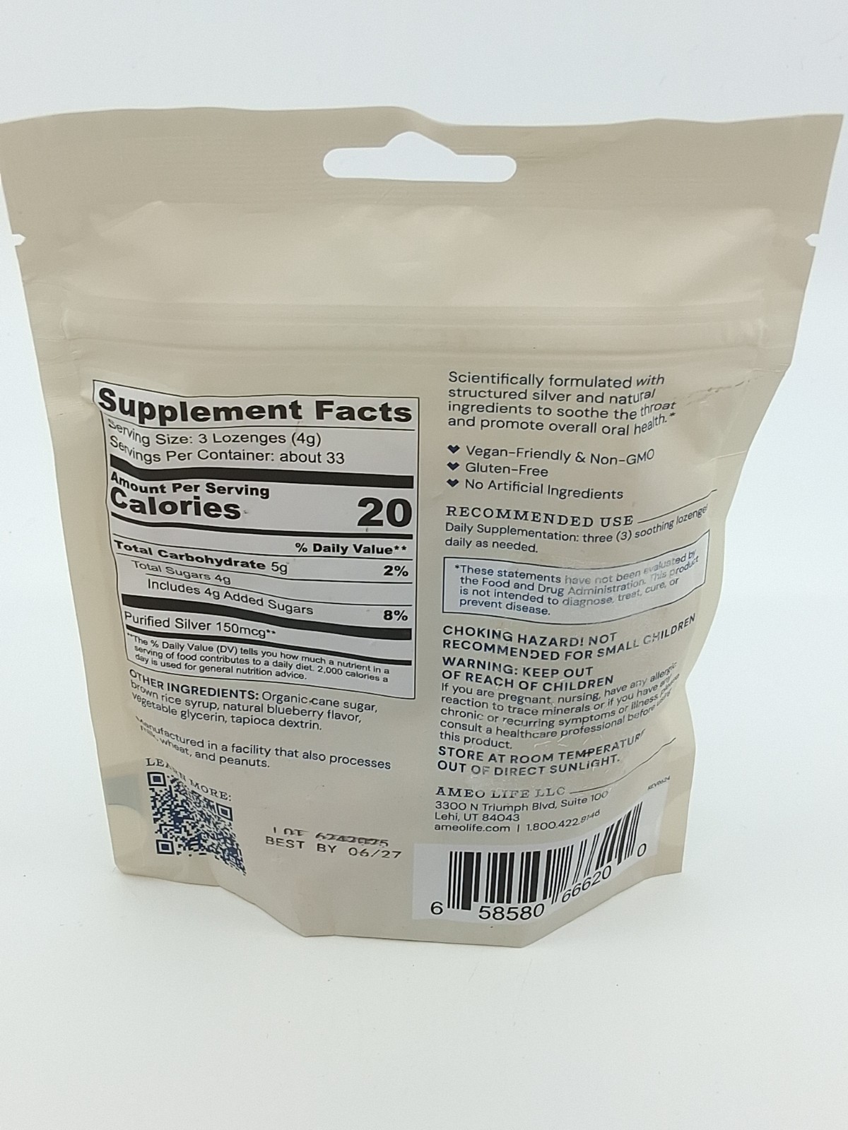 Ameo Life Elevate Lozenges Blueberry Supplement Structured Silver BB 6/2027