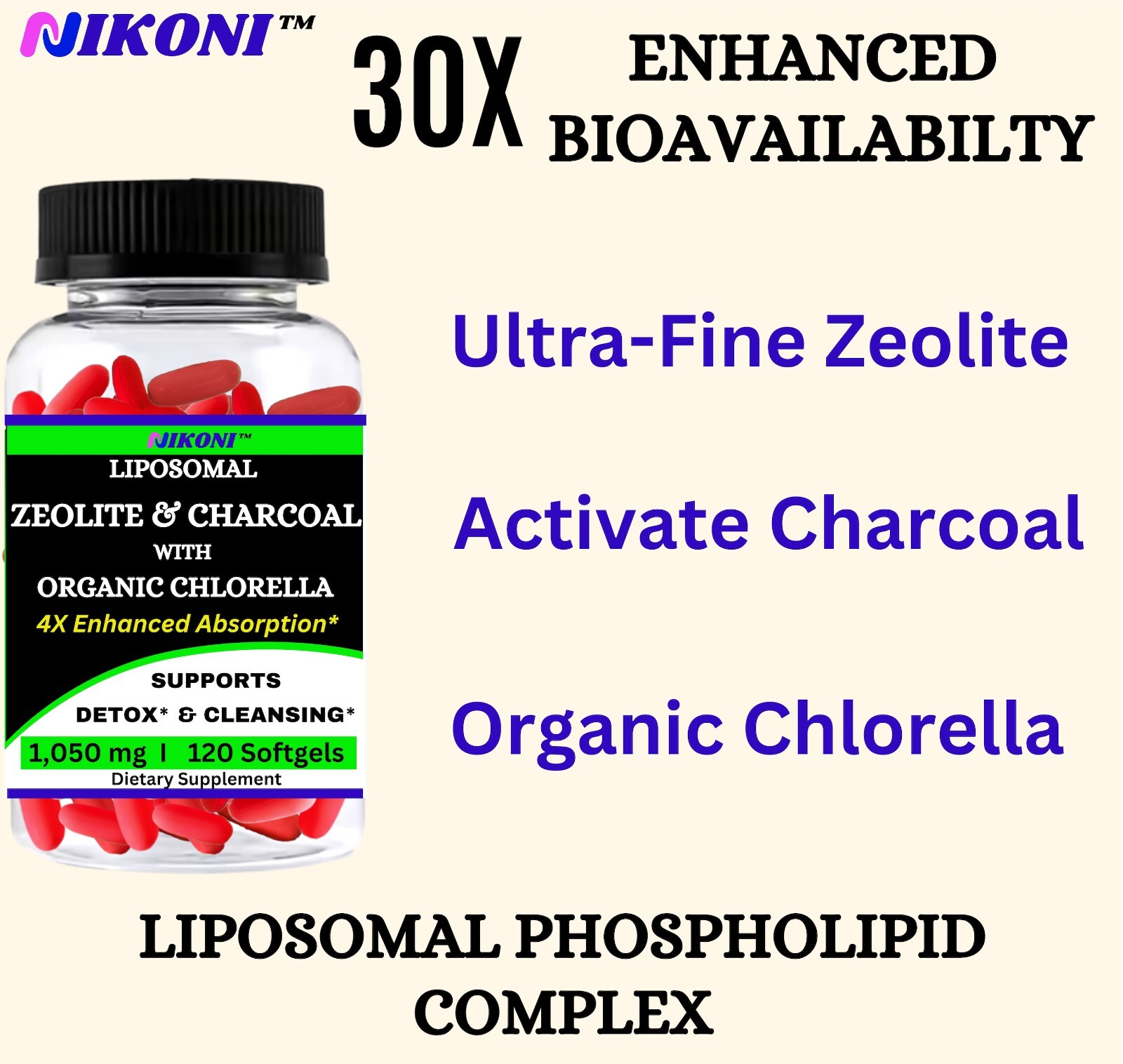 Nikoni Liposomal Zeolite, Charcoal & Organic Chlorella, Healthy Liver, Full Body