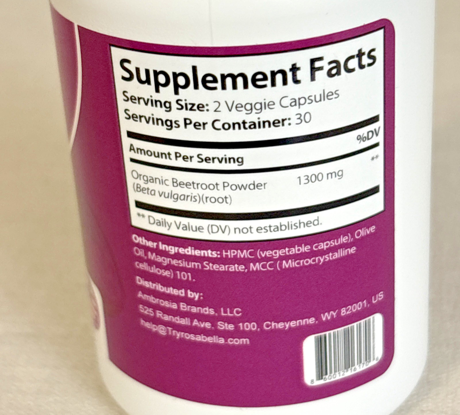 Rosabella Beetroot Dietary Supplement – 1300mg – 30 Day Supply – Exp 01/2028