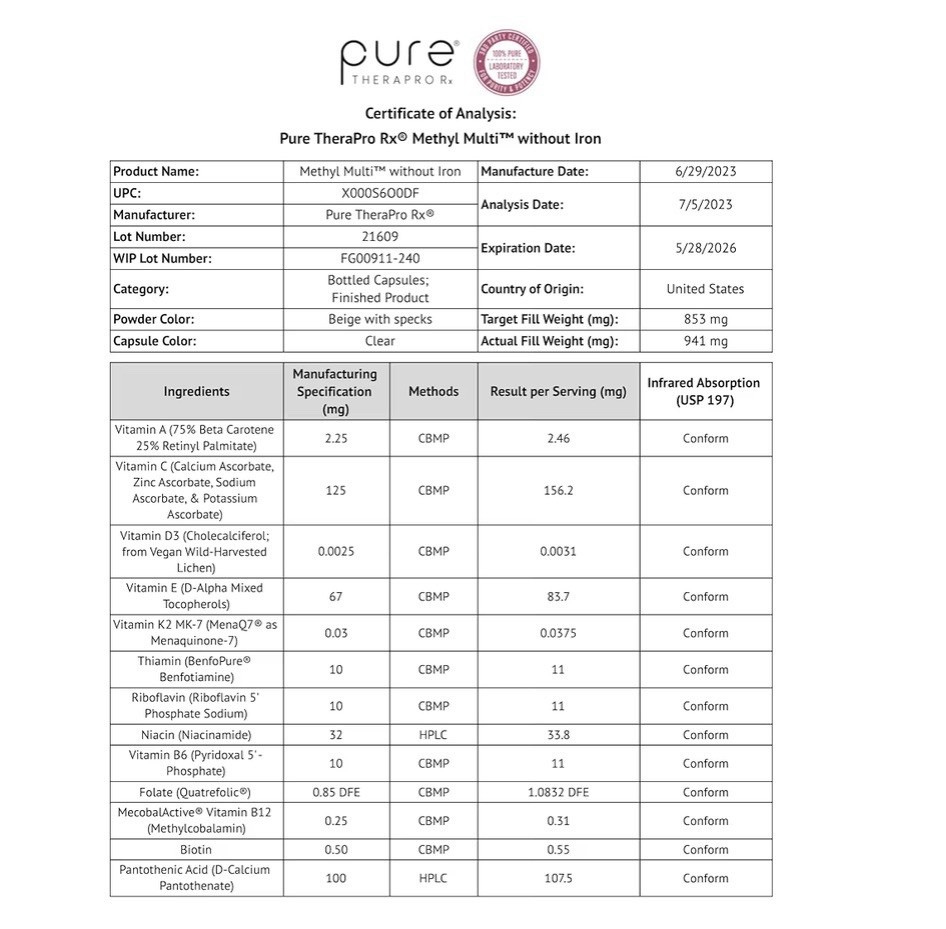 Pure Therapro Rx Methyl Multi Without Iron Methylated Multivitamin 2Month Supply