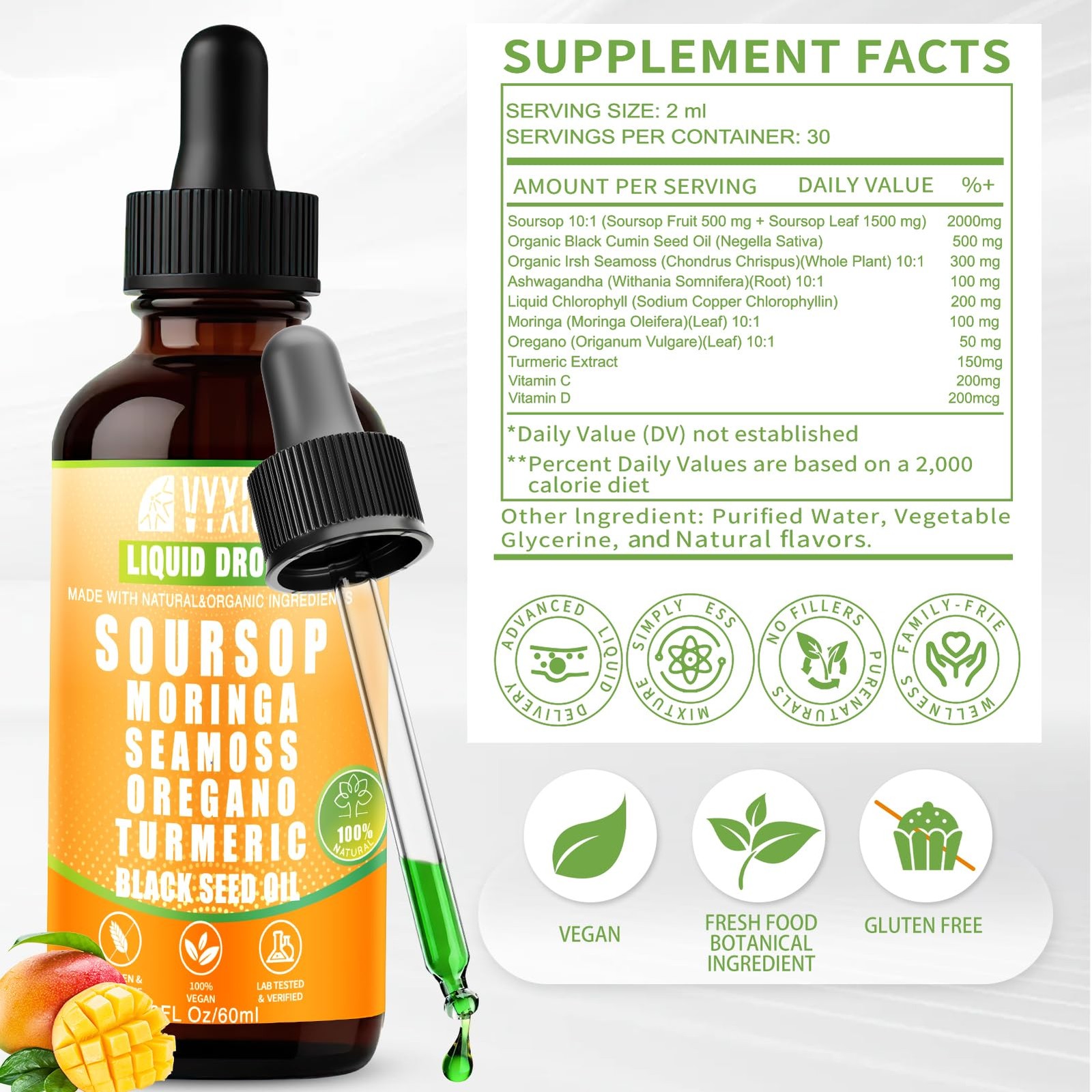 Soursop Bitters Liquid Drops 10 in 1 with Sea Moss, 2 Fl Oz (Pack of 1)
