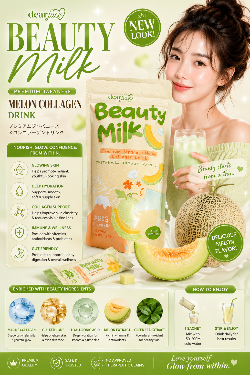 Beauty Milk Powder Skin Brightening Premium Japanese Melon Collagen Drink Whiten