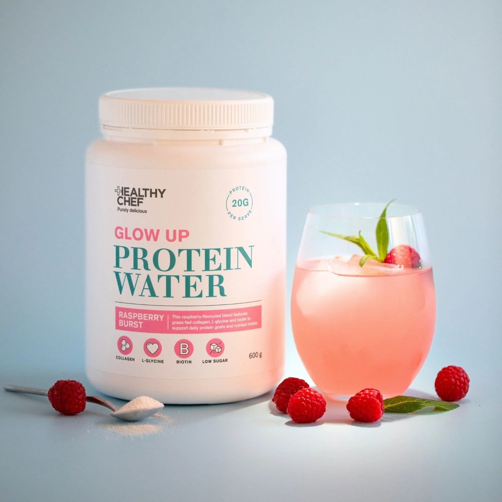 New The Healthy Chef Protein Water Glow Up Raspberry Burst 600g