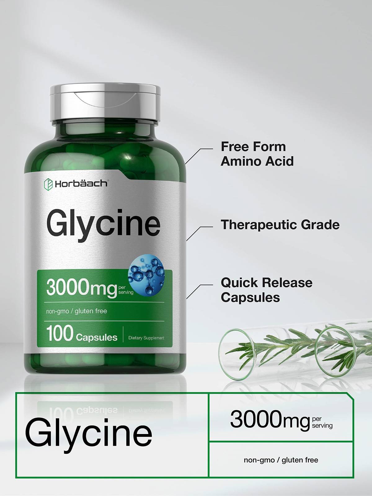 Horbäach Glycine 3000mg Supplement | 100 Powder Capsules 100 Count (Pack of 1)