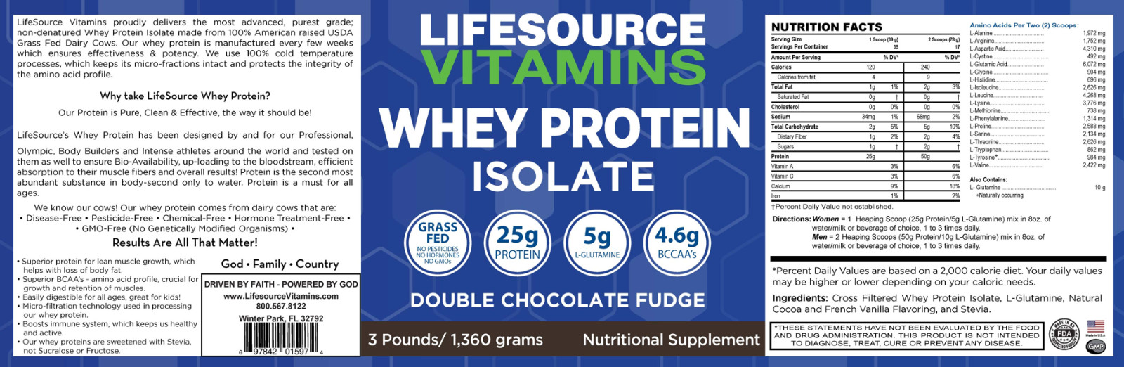 LifeSource Vitamins Whey Protein ISOLATE Grass Fed Double Chocolate Fudge 3 lbs