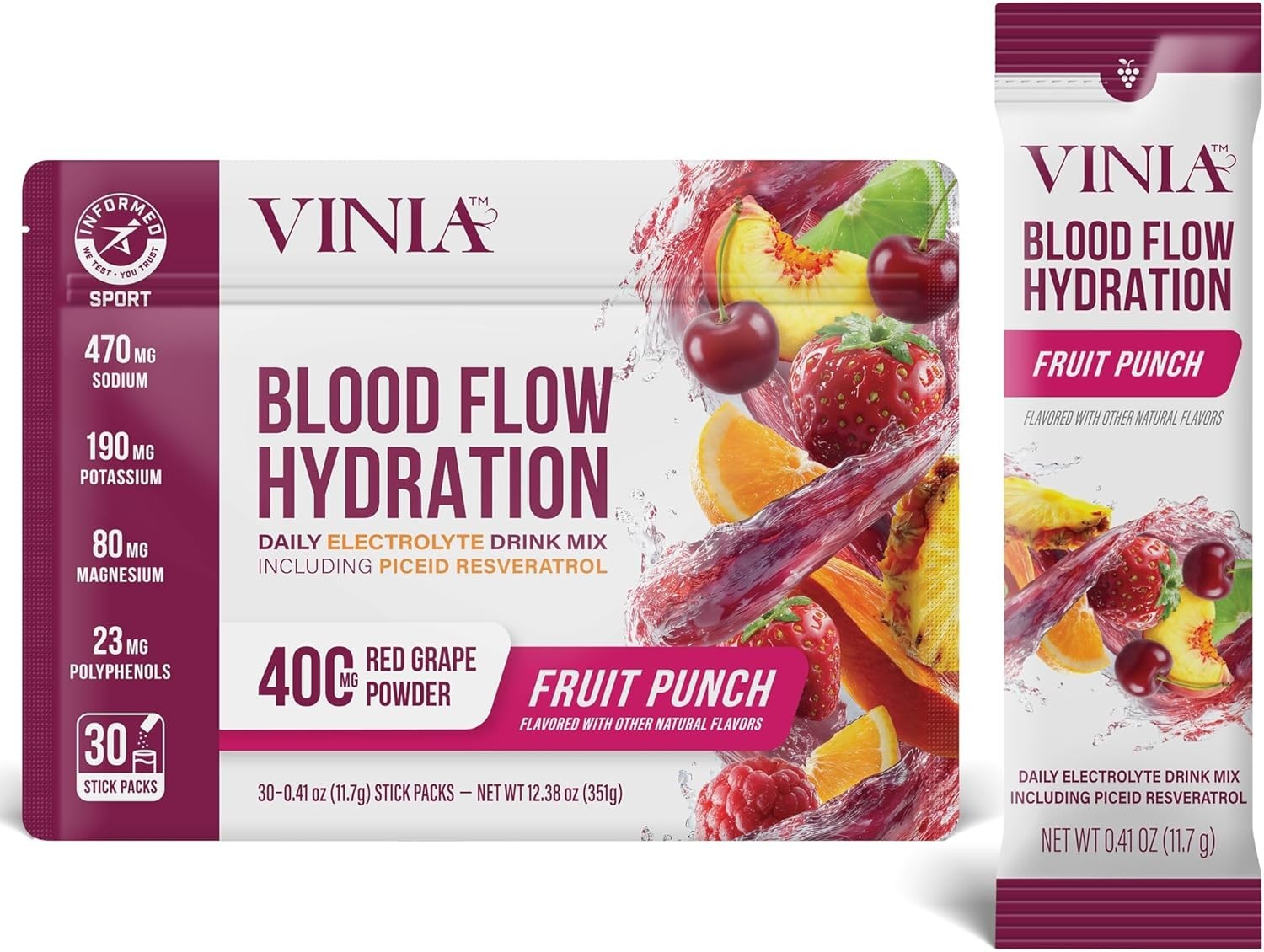 VINIA Resveratrol Electrolyte Hydration Powder Mix Fruit Punch Blood Flow