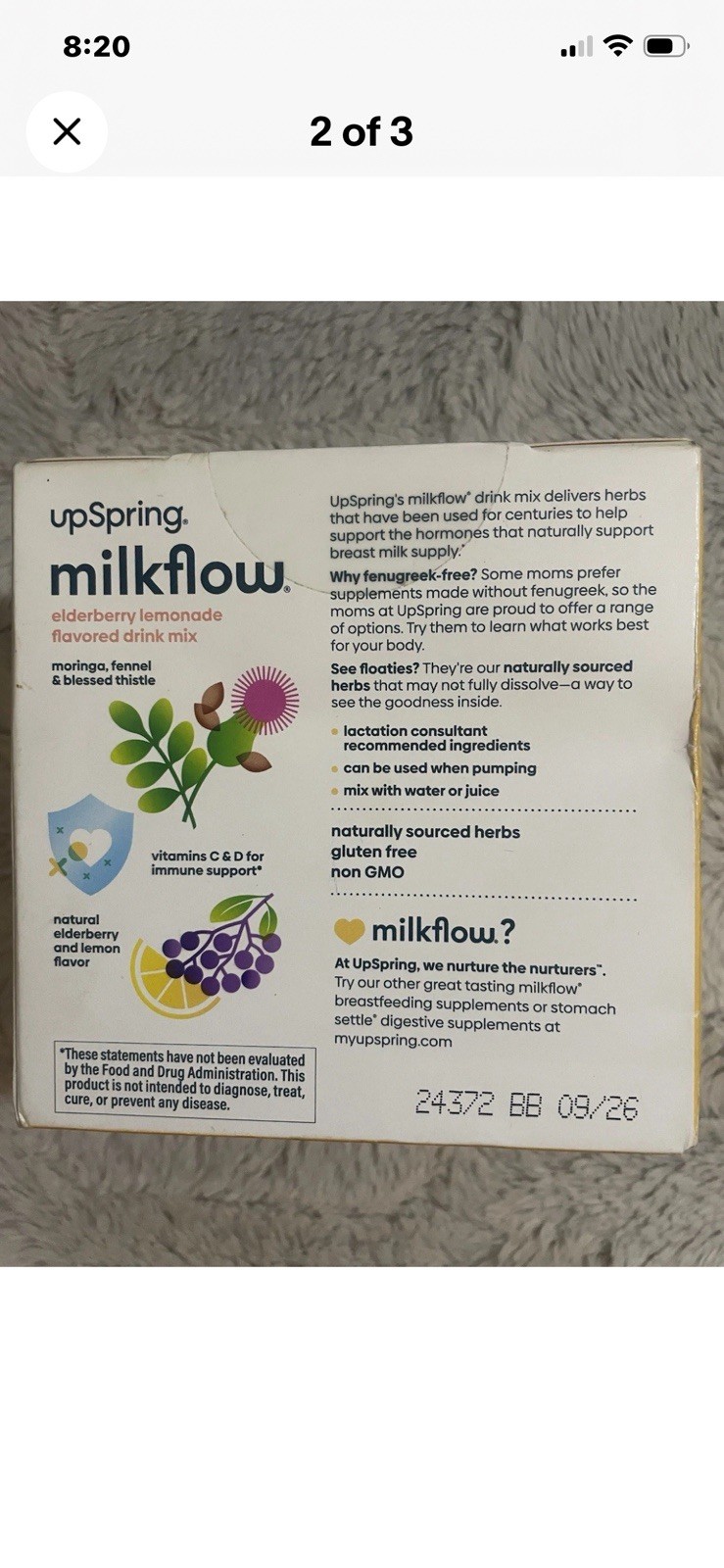 UpSpring Milkflow Elderberry Lemonade Drink Mix 16 Packets Gluten-Free Non-GMO