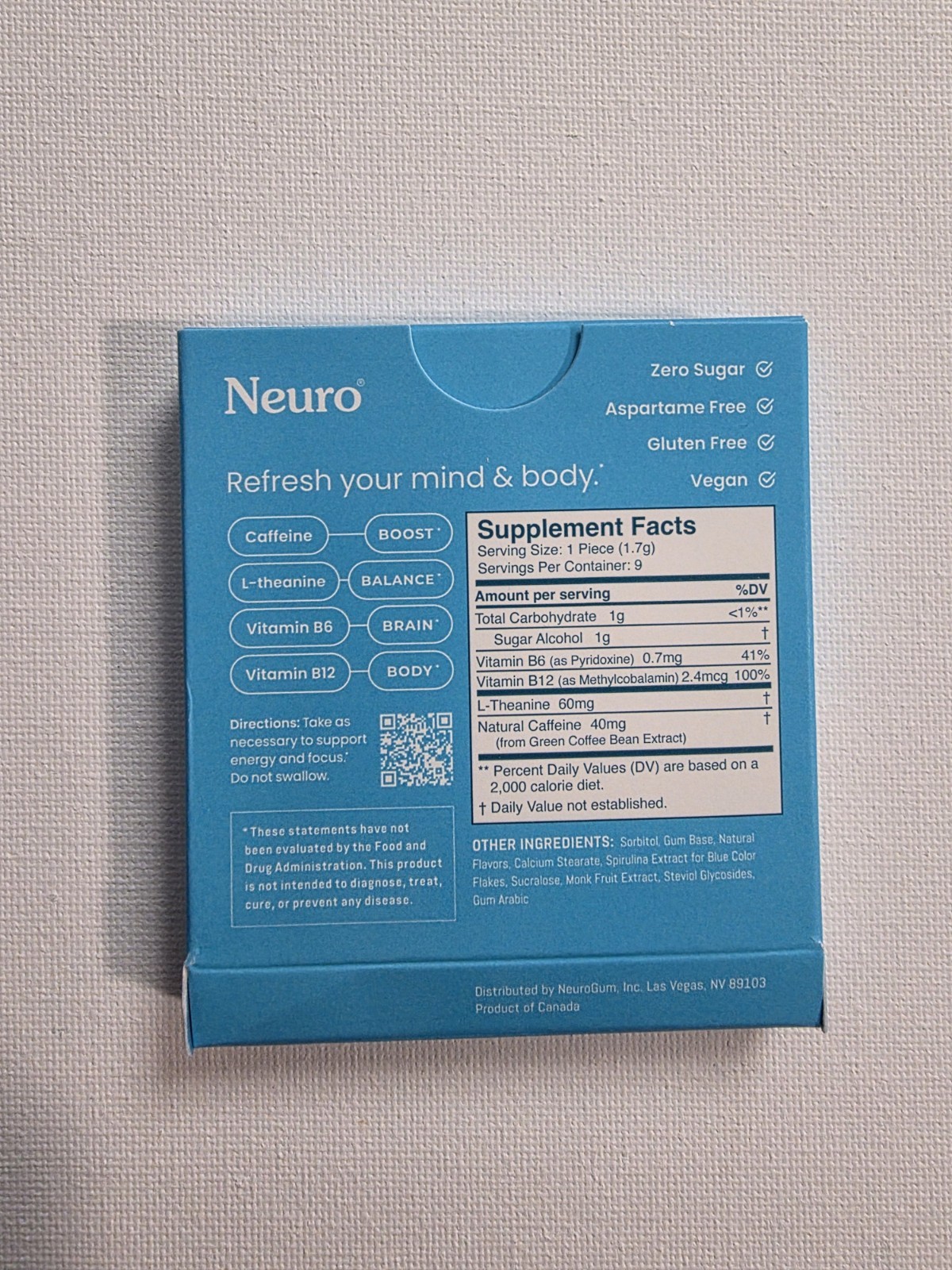 Neuro Gum L-theanine B-12 Nootropics Caffeine 6pk 54 pcs Energy & Focus Variety