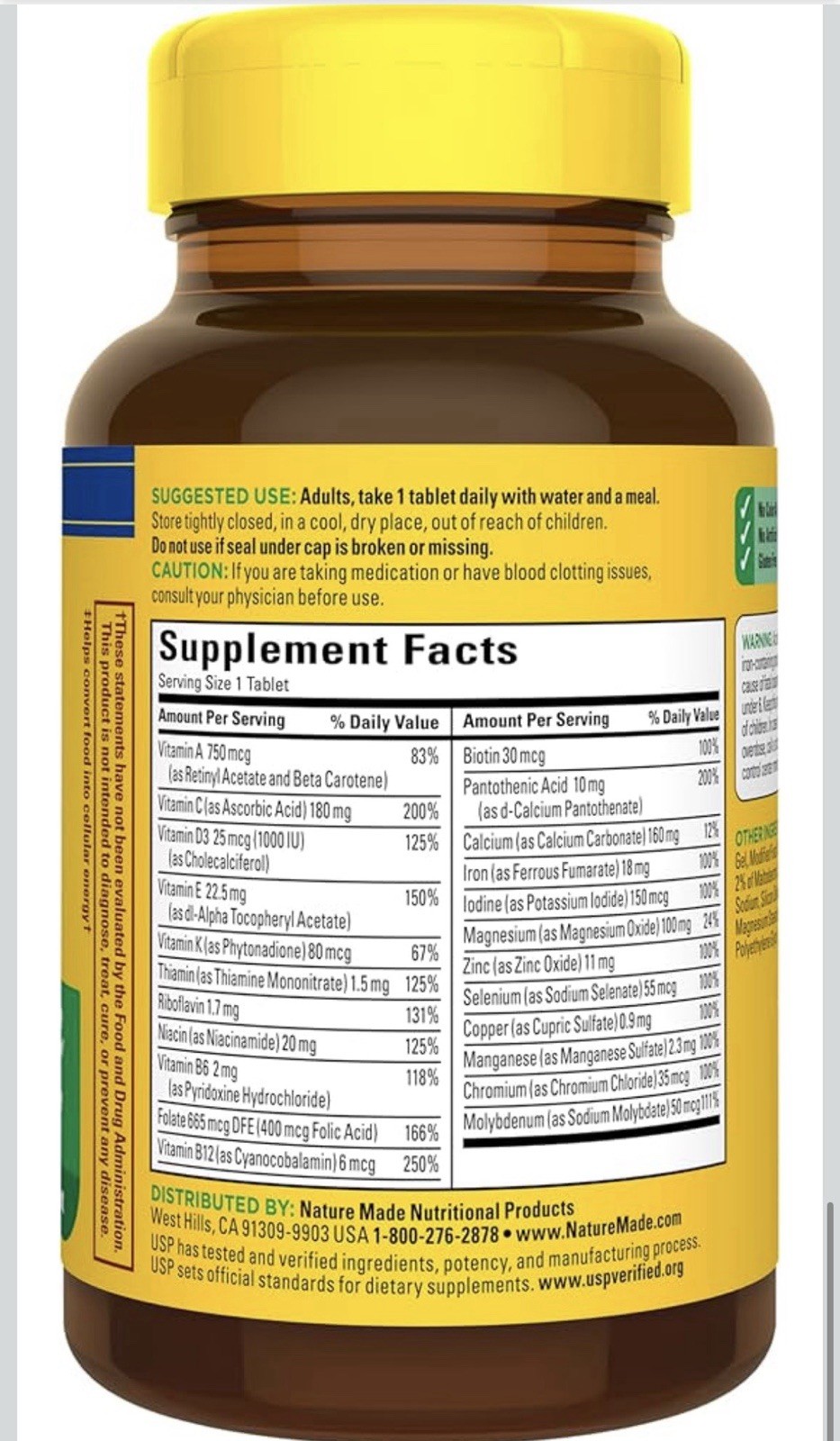 Nature Made Multivitamin 130 Tablets Gluten-Free USP Verified Vitamin A-E Iron