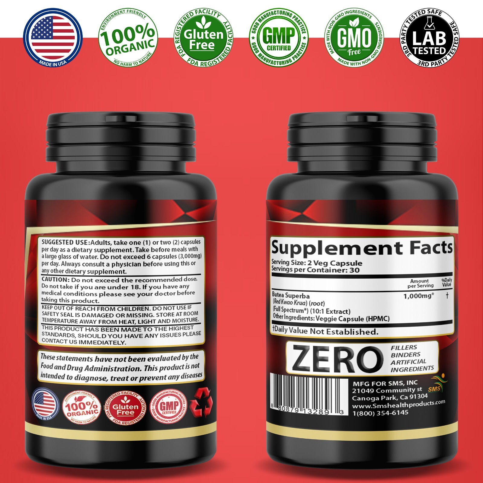 Butea Superba Pills Red Kwao Krua 1000mg DAILY Mens Health ORGANIC 120 CAPS