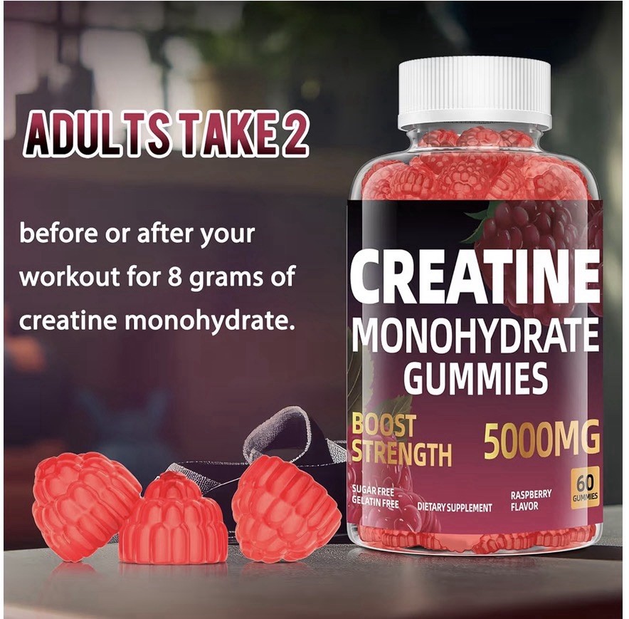 Creatine Monohydrate Gummies, 5000MG, Sugar Free, Gelatin Free, Raspberry Flavor