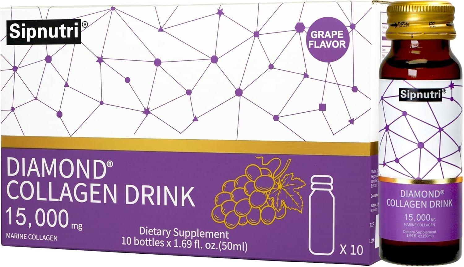 Diamond Marine Collagen Drink – 15,000mg – Grape Flavor – 10 Bottles 1.69 fl oz