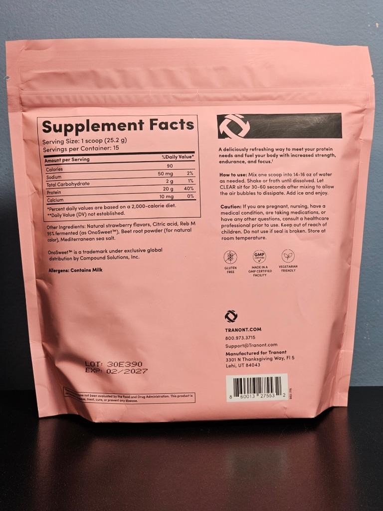 Tranont Clear Whey Protein Strawberry 13.3 oz – New & Sealed Exp 2/27