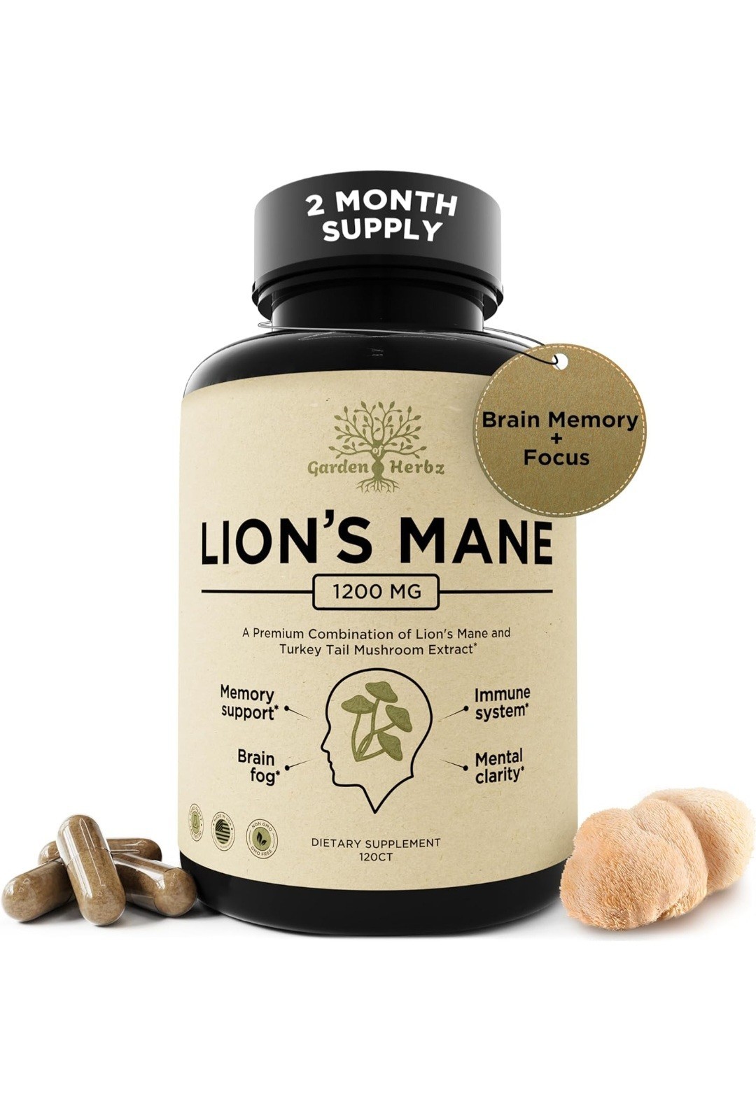 Garden of Herbz Lions Mane Supplement w/Turkey Tail Nootropic Focus Memory 120ct