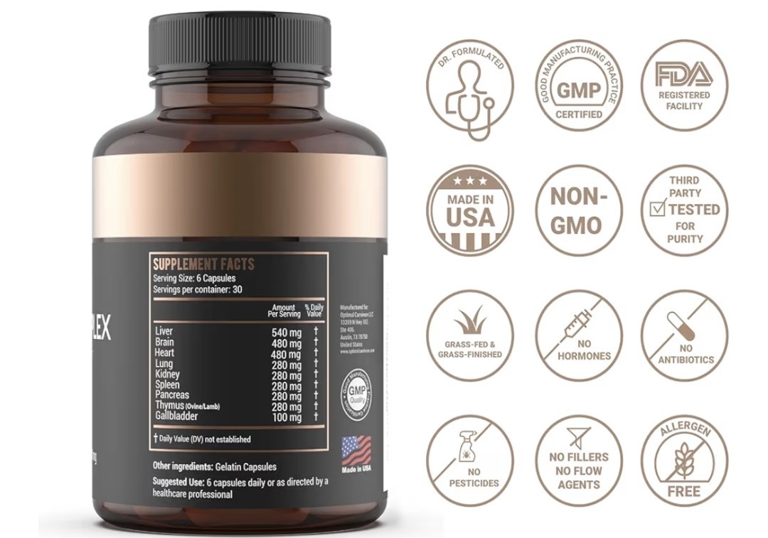 Optimal Carnivore Grass Fed Beef Organ Complex Non-GMO 500mg 180 Capsules