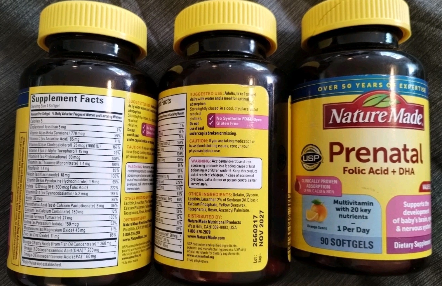 (3) Nature Made Prenatal Multivitamin + DHA+ Folic Acid 90 Softgels Each -11/27