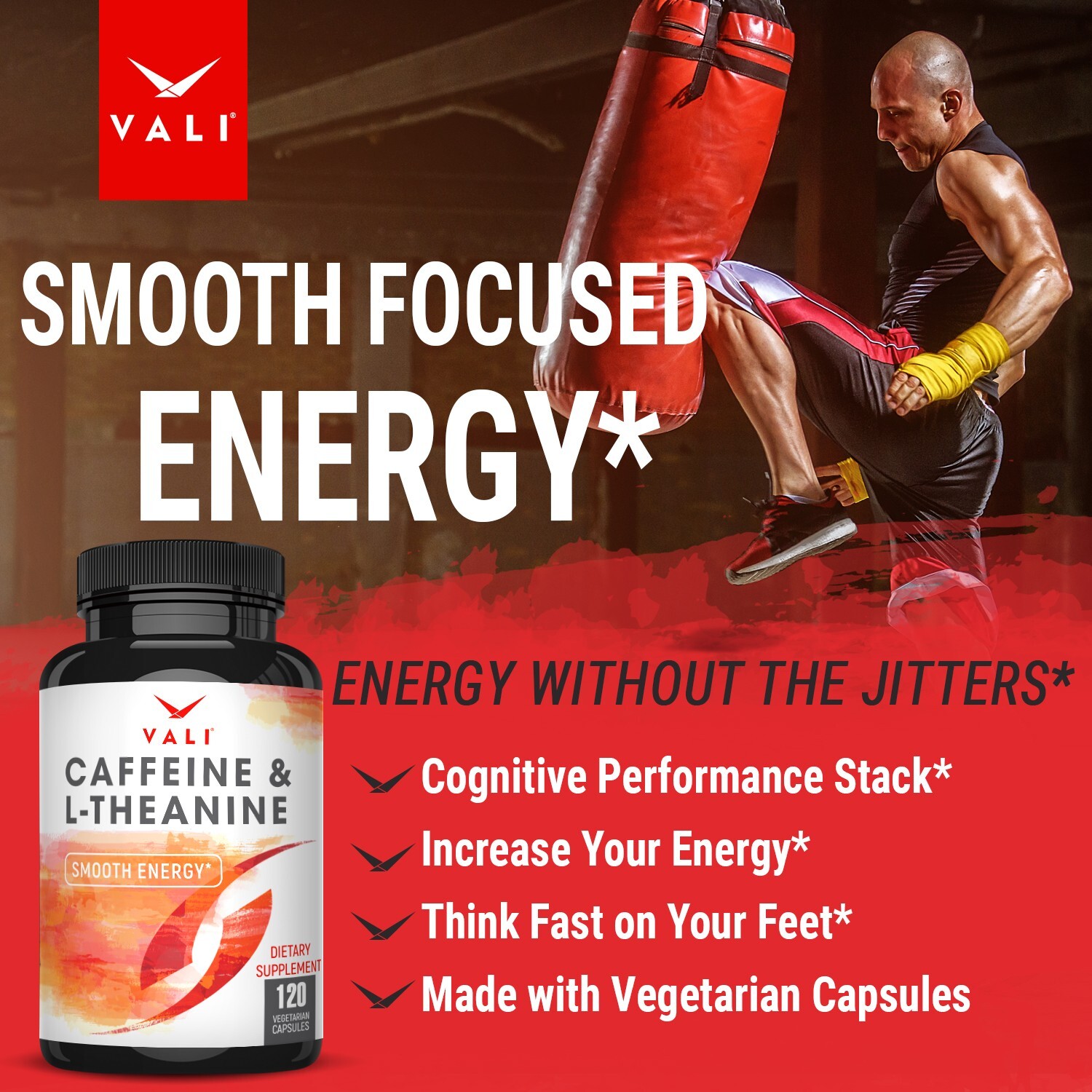 VALI Caffeine & L-Theanine Smooth Focused Energy Supplement, 120 Veg Caps