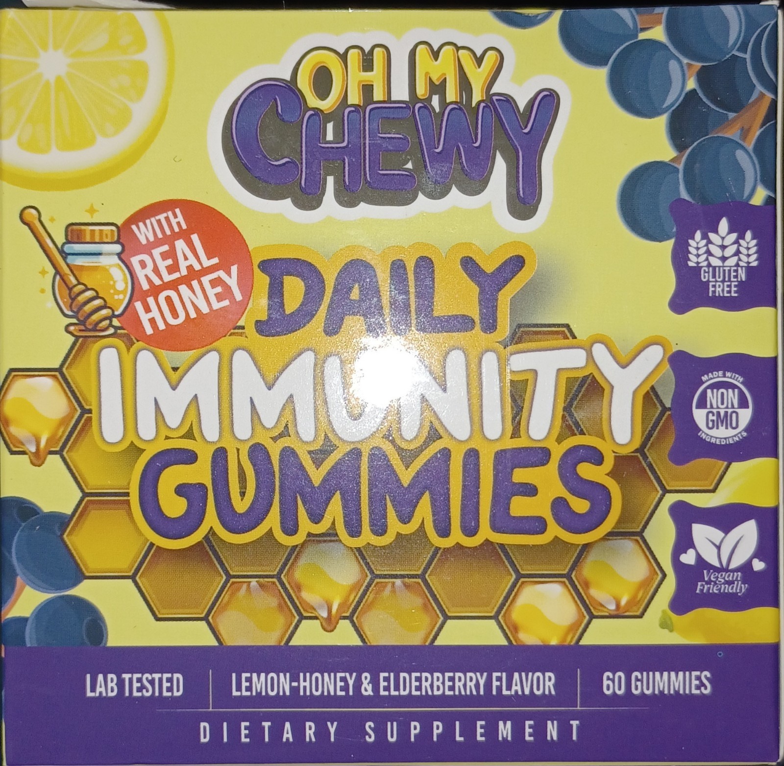 Oh My Chewy Elderberry Gummies Immunity Support Real Honey & Lemon Kids 60CT