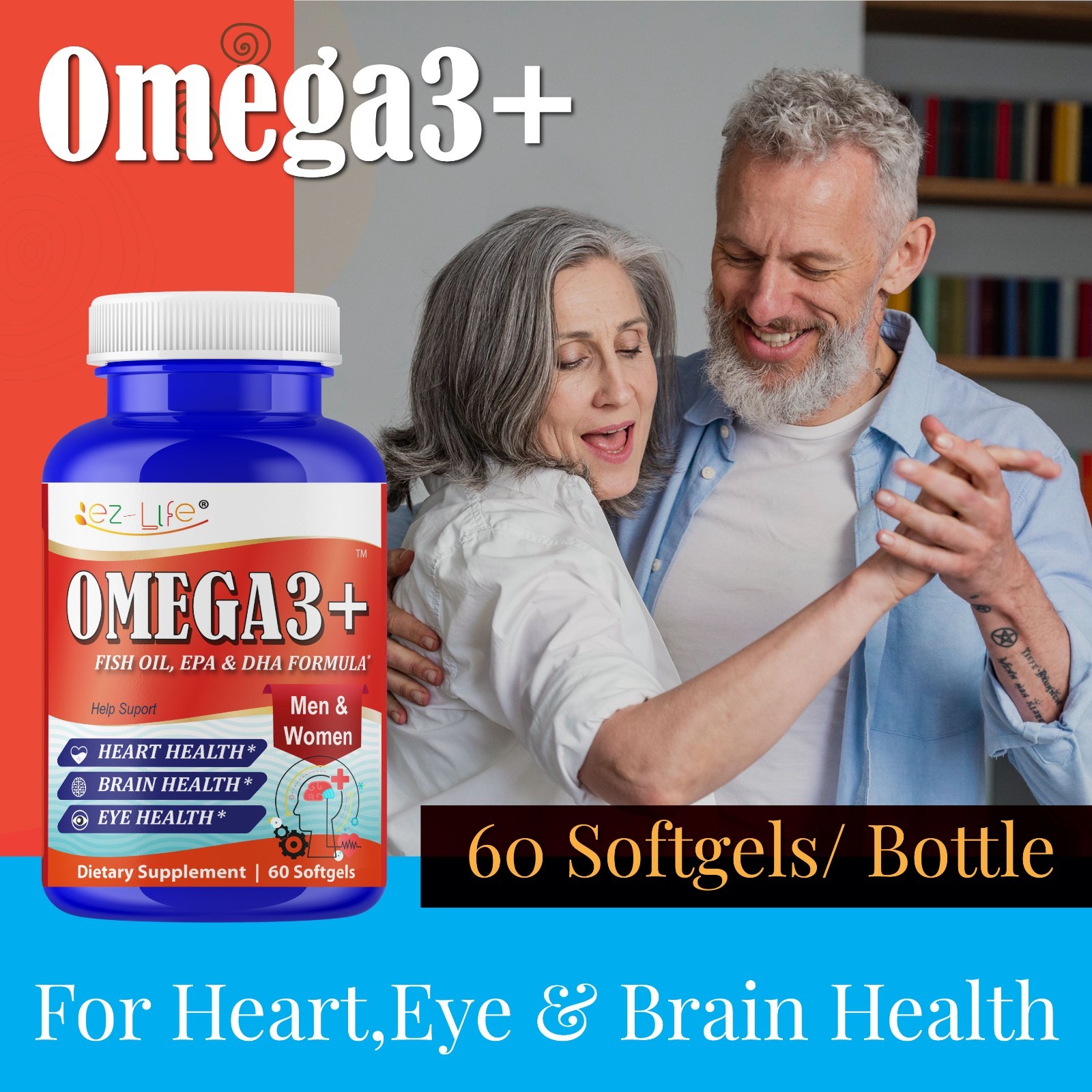 Fish Oil EPA DHA Omega 3 Supplement for Brain Heart Eye Support- 60 Softgels
