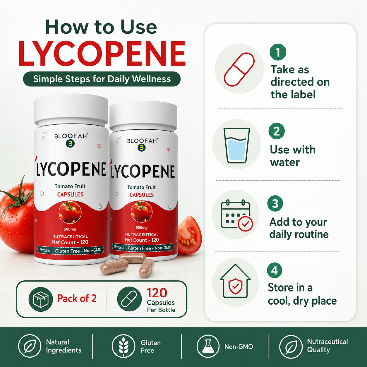 Lycopene 500mg Capsules Tomato Powder Antioxidant Wellness 120 Count Pack 2