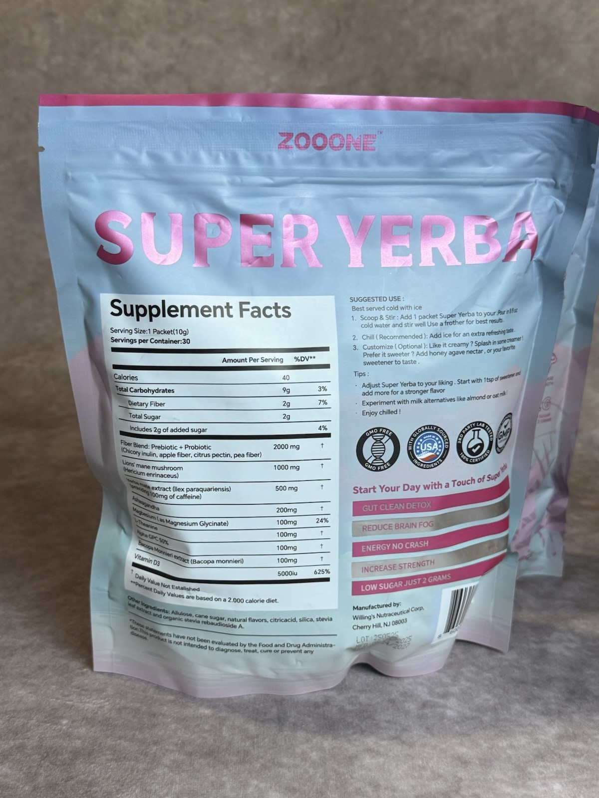 ZOOONE Yerba Mate Powder Ashwagana Vitamin D3 Magnesium Raspberry Lemonade