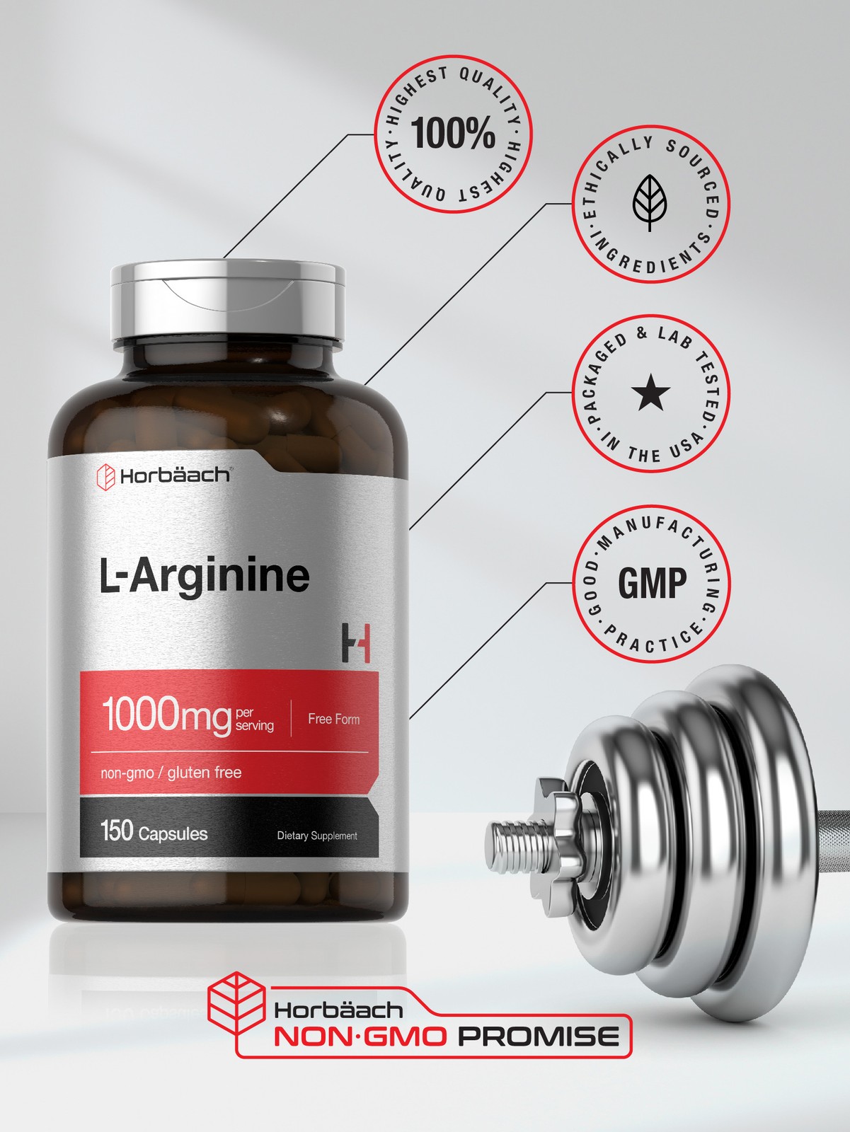 L Arginine 1000mg Capsules | 150 Count | Free Form | Non-GMO | by Horbaach