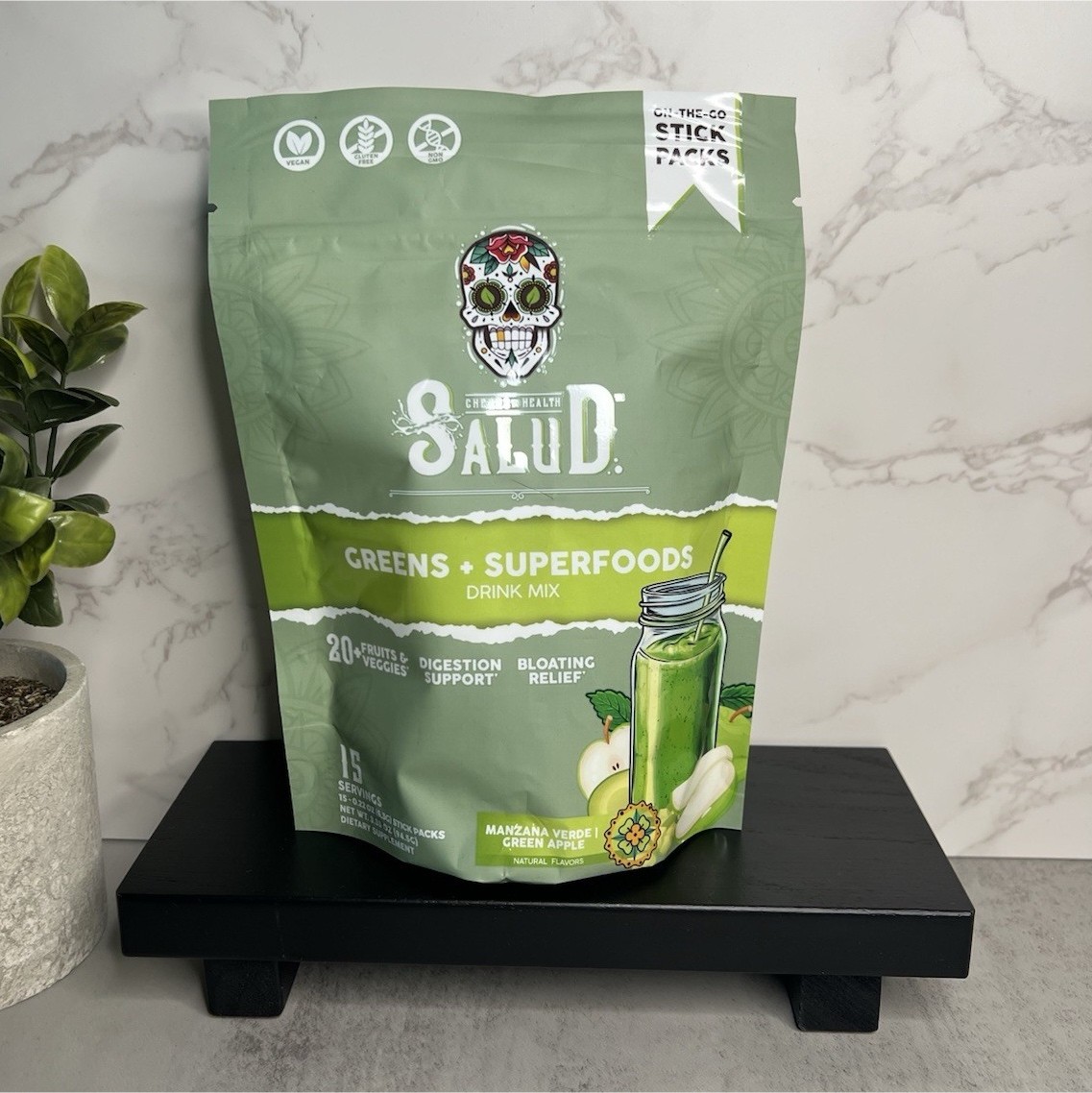 Salud Greens + Superfoods Drink Mix Green Apple 15 Sticks Vegan Exp 08/2027