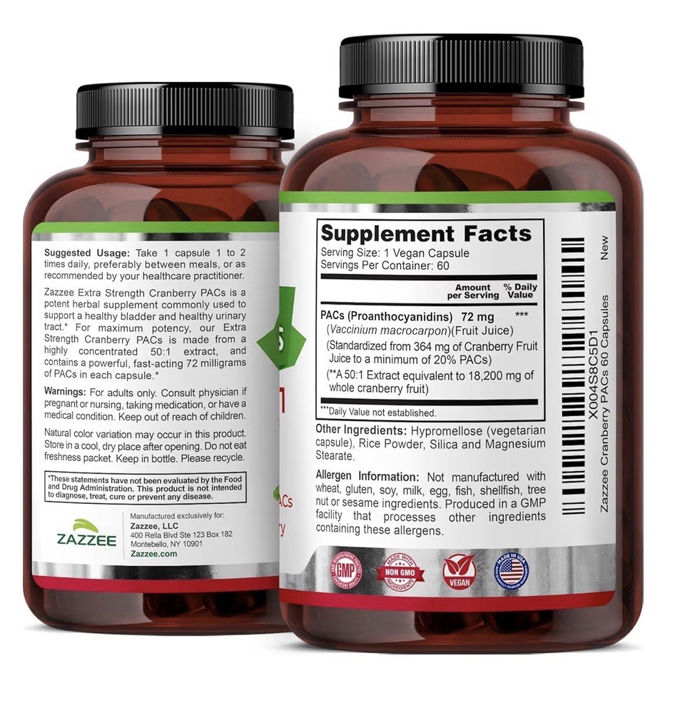 Zazzee Cranberry PACs Extra Strength Urinary Tract Support 100% Soluble 60 Caps