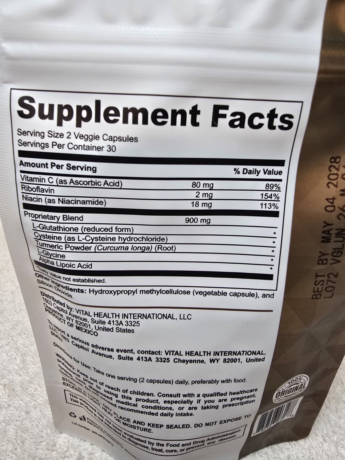 VitalHealth V-Glutation L-Glutathione w/ Vitamin C 60 Veggie Caps Non-GMO 605mg
