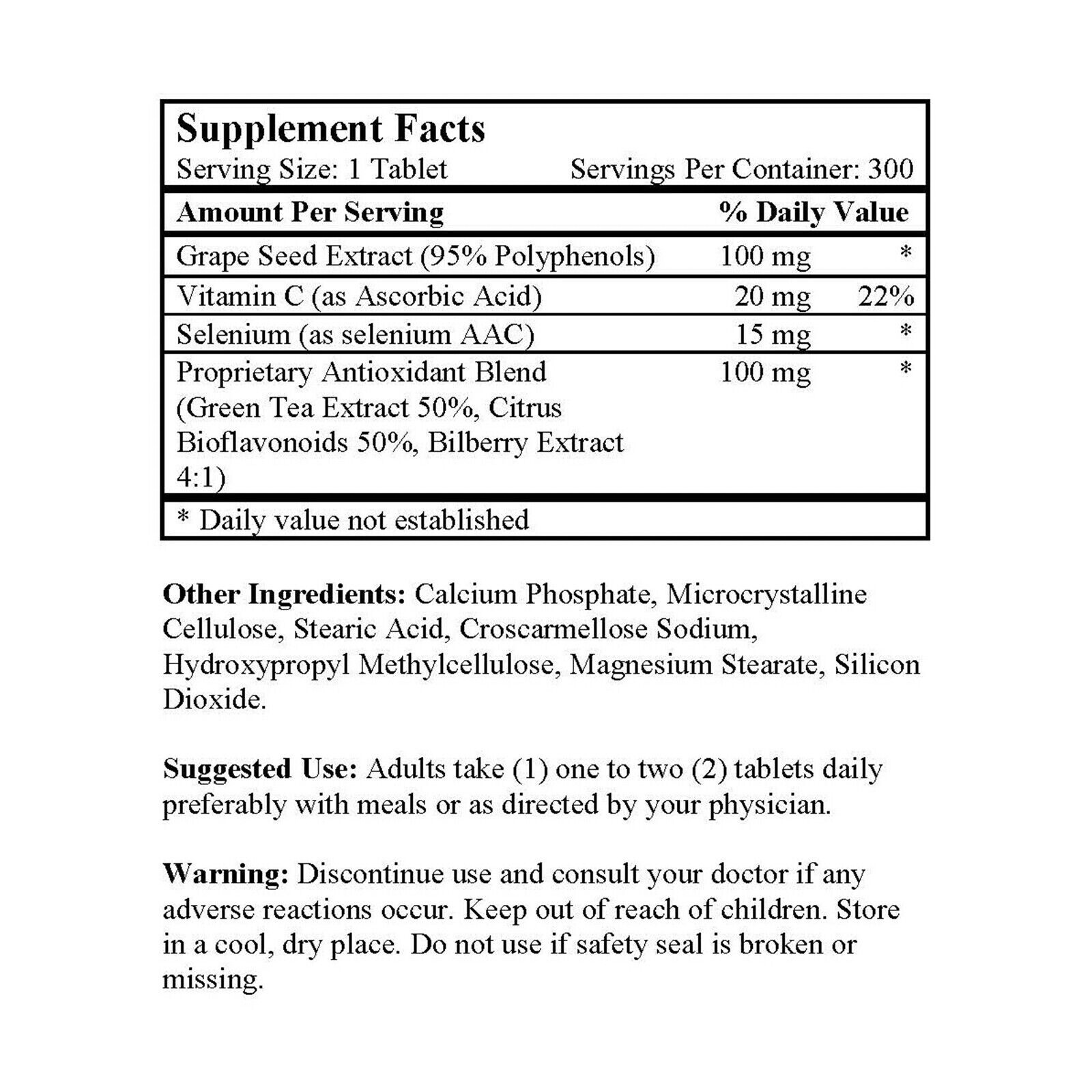 OPC 15 Grape Seed Extract 100 mg 300 Tabs Anti oxident Made In USA FREE SHIP