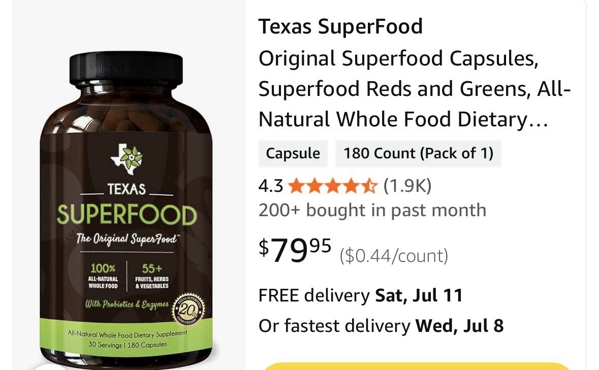 Texas SuperFood Original Superfood Capsules w/ Probiotics & Enzymes 180 Ct