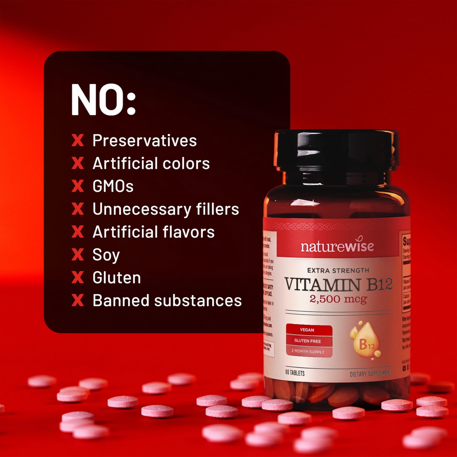 NatureWise Vitamin B12 Extra Strength 2500mcg – 60 Count (Pack of 1), Red