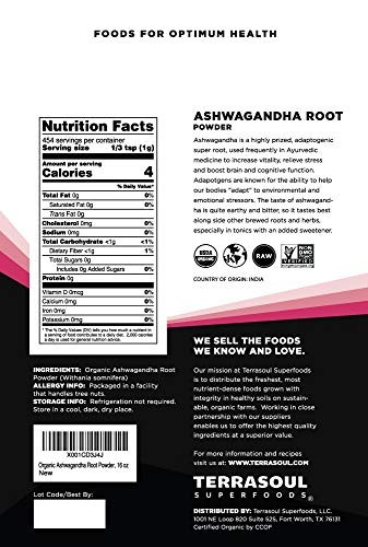 Terrasoul Superfoods Organic Ashwagandha Root Powder, 1 Lb – Stress Adaptogen |