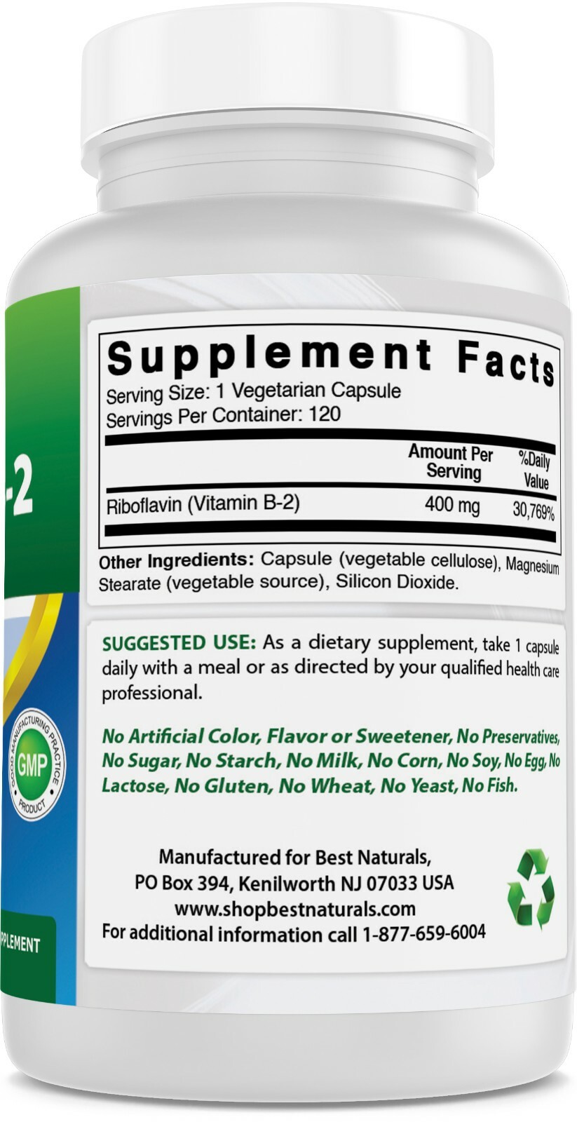 Best Naturals Vitamin B2 400 mg 120 Veg Capsules