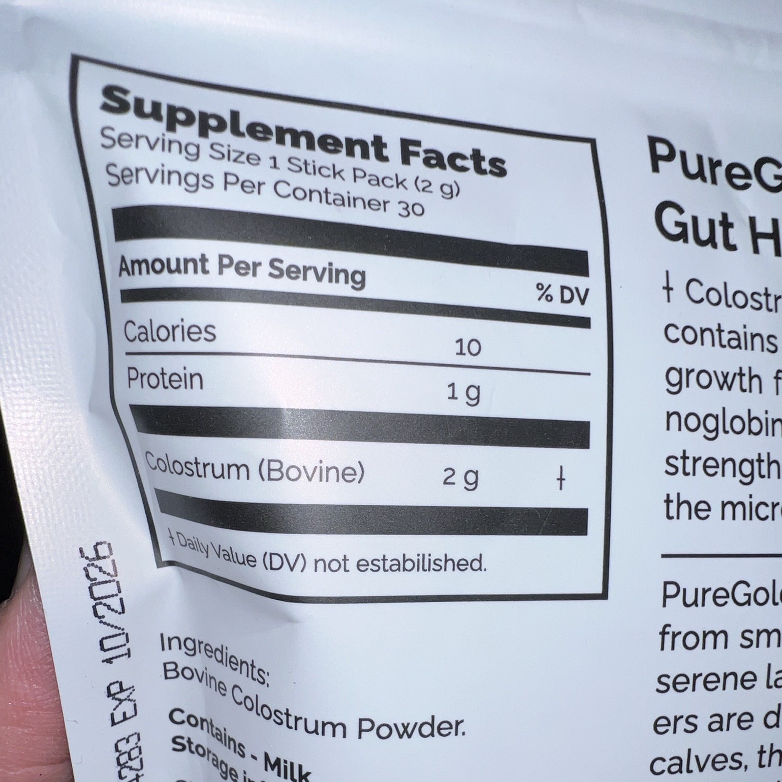 PureGold Colostrum Powder Grass-Fed Unflavored 30 Packets 60g Exp 10/2026
