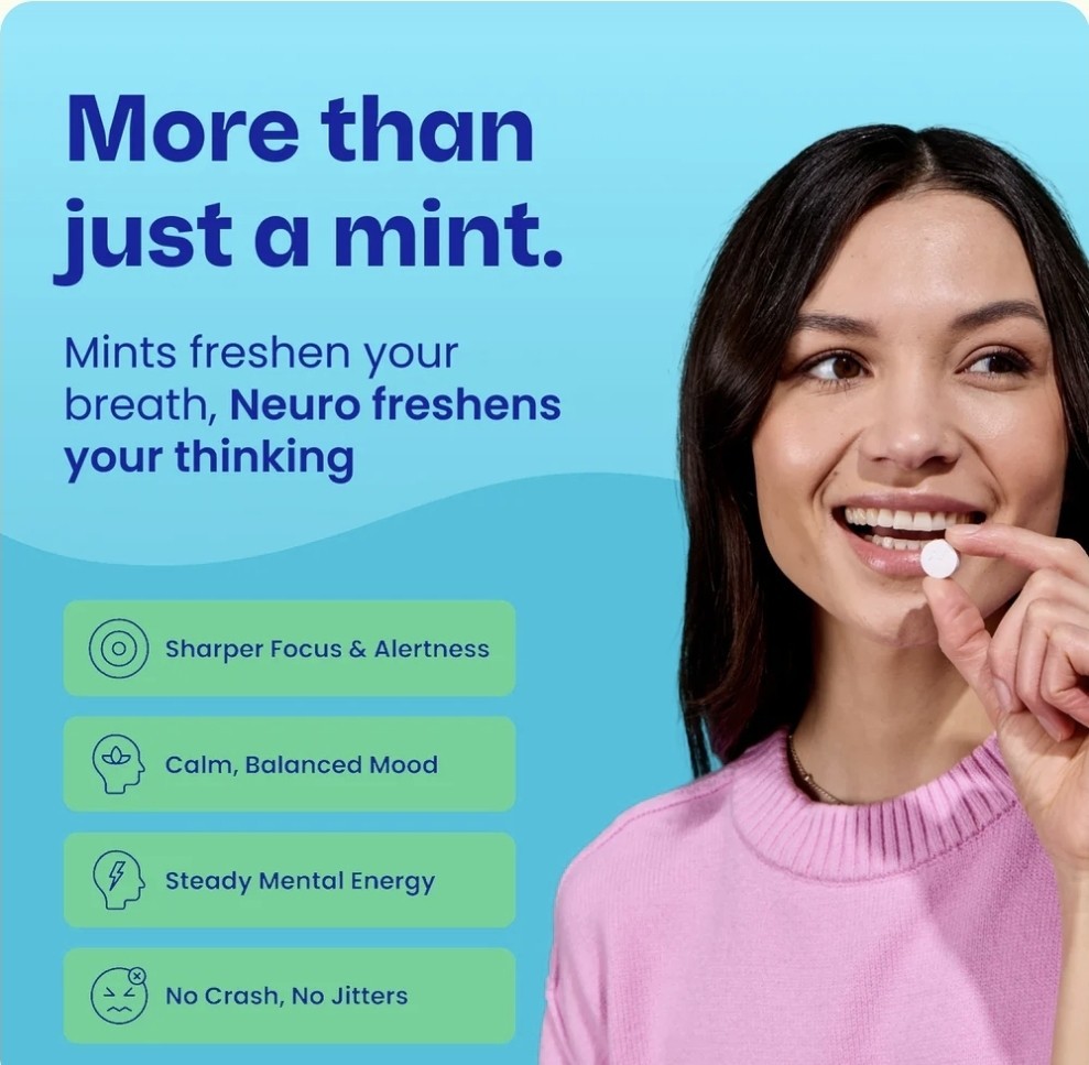 New Neuro Mints Energy and Focus 90 Pieces Wintergree Natural Caffeine Exp.8/27