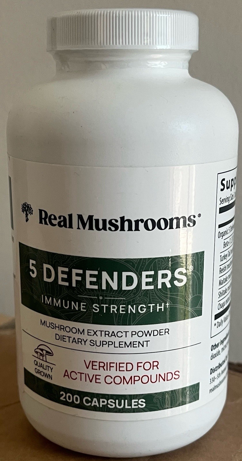 Real Mushrooms 5 Defenders®, Mushroom Extract Powder, 200 Capsules EXP 10/27
