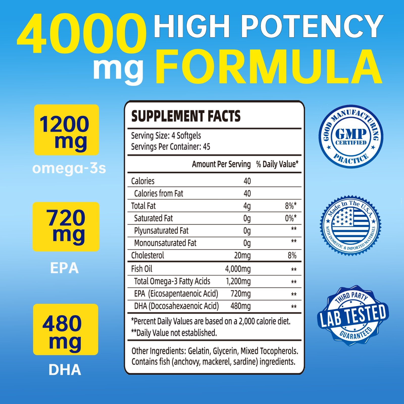 3000mg Fish Oil Softgels – Omega 3 Fish Oil Supplement – 540mg EPA + 360mg DHA