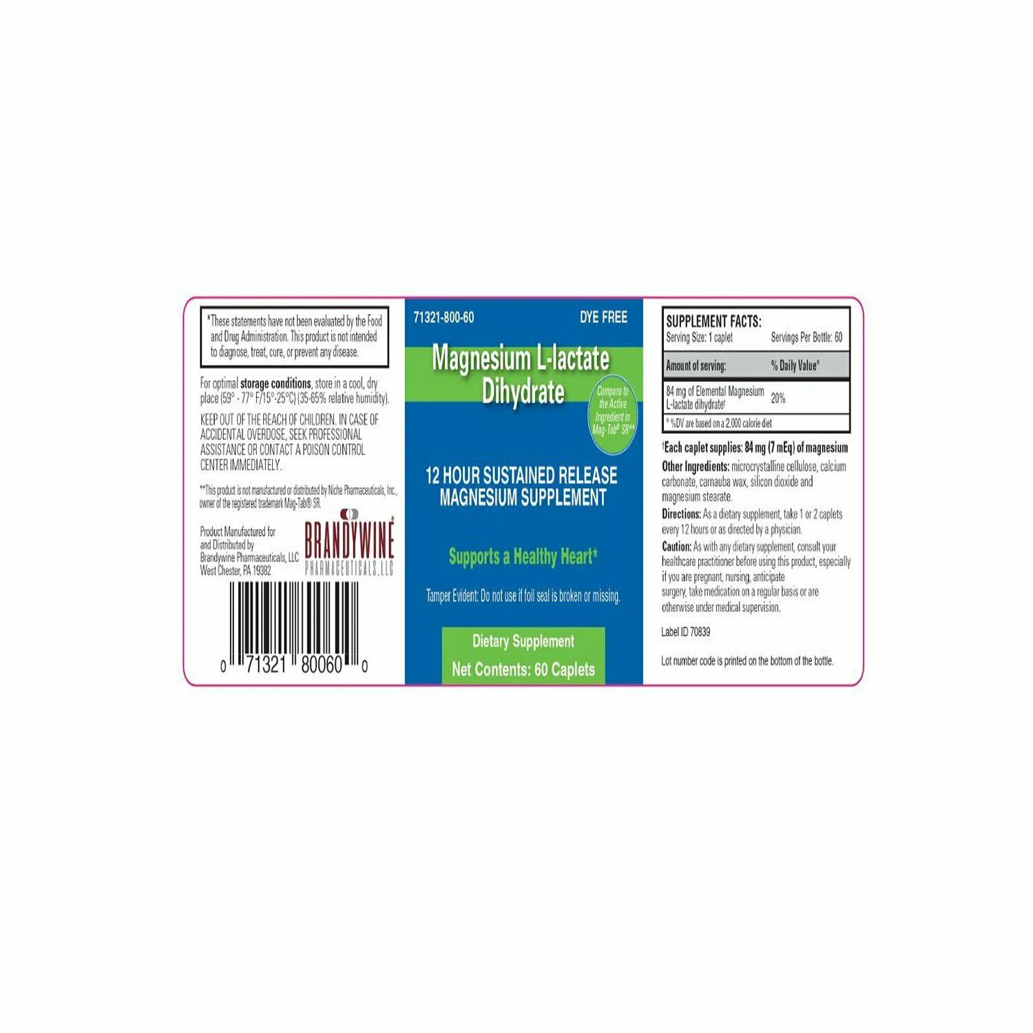 Brandywine Magnesium L-lactate Dihydrate SR 84mg Caplet 60 Count Pack of 2