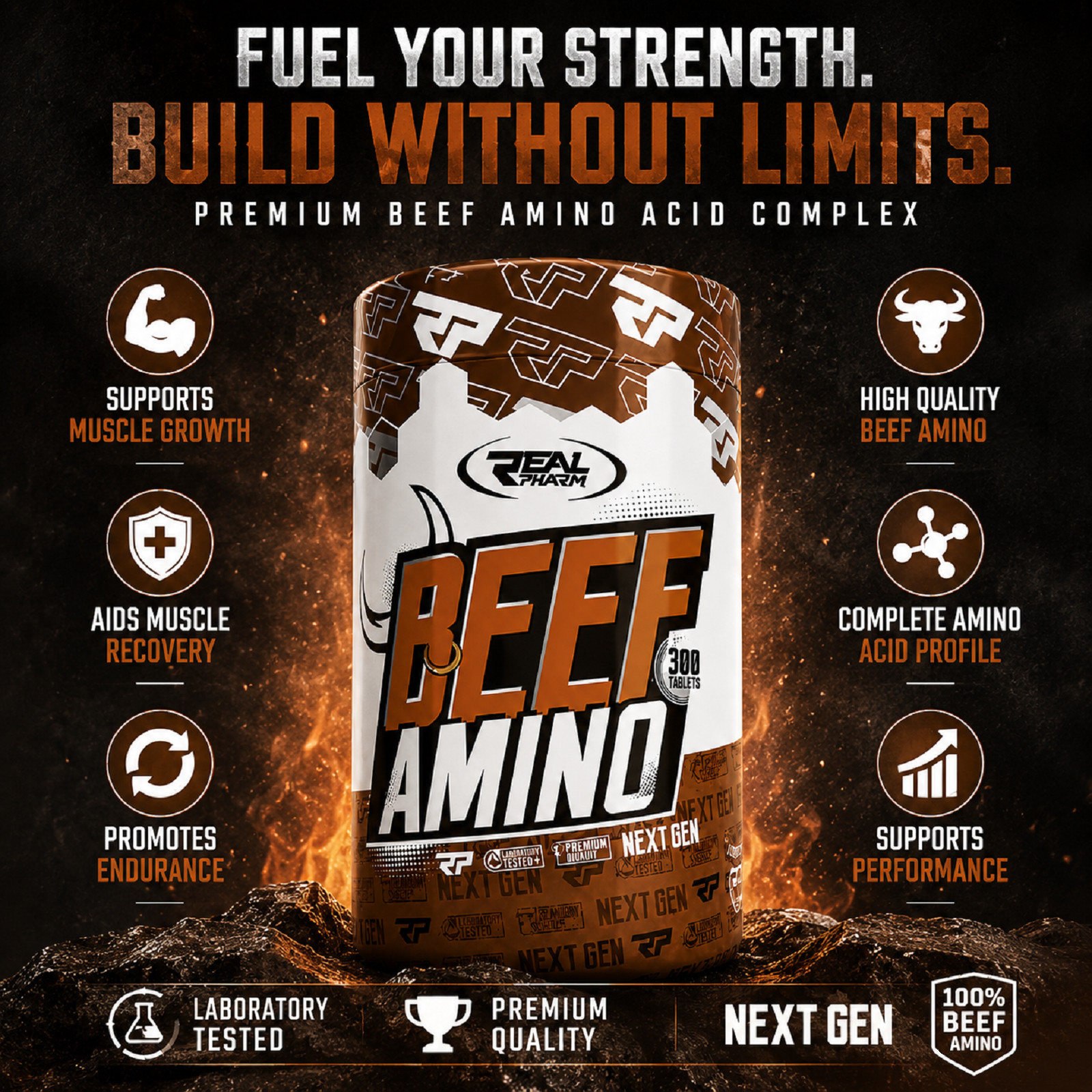 BEEF AMINO – 300 Tablets – 2000 mg – Ideal for strength, endurance, muscle mass