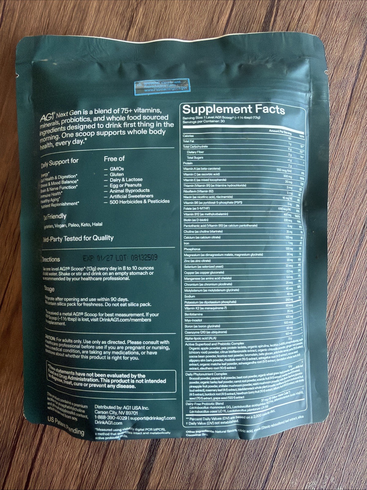 AG1 Next Gen Whole Food Nutrition Powder 30-Day 390g Non-GMO Gluten-Free 1/27