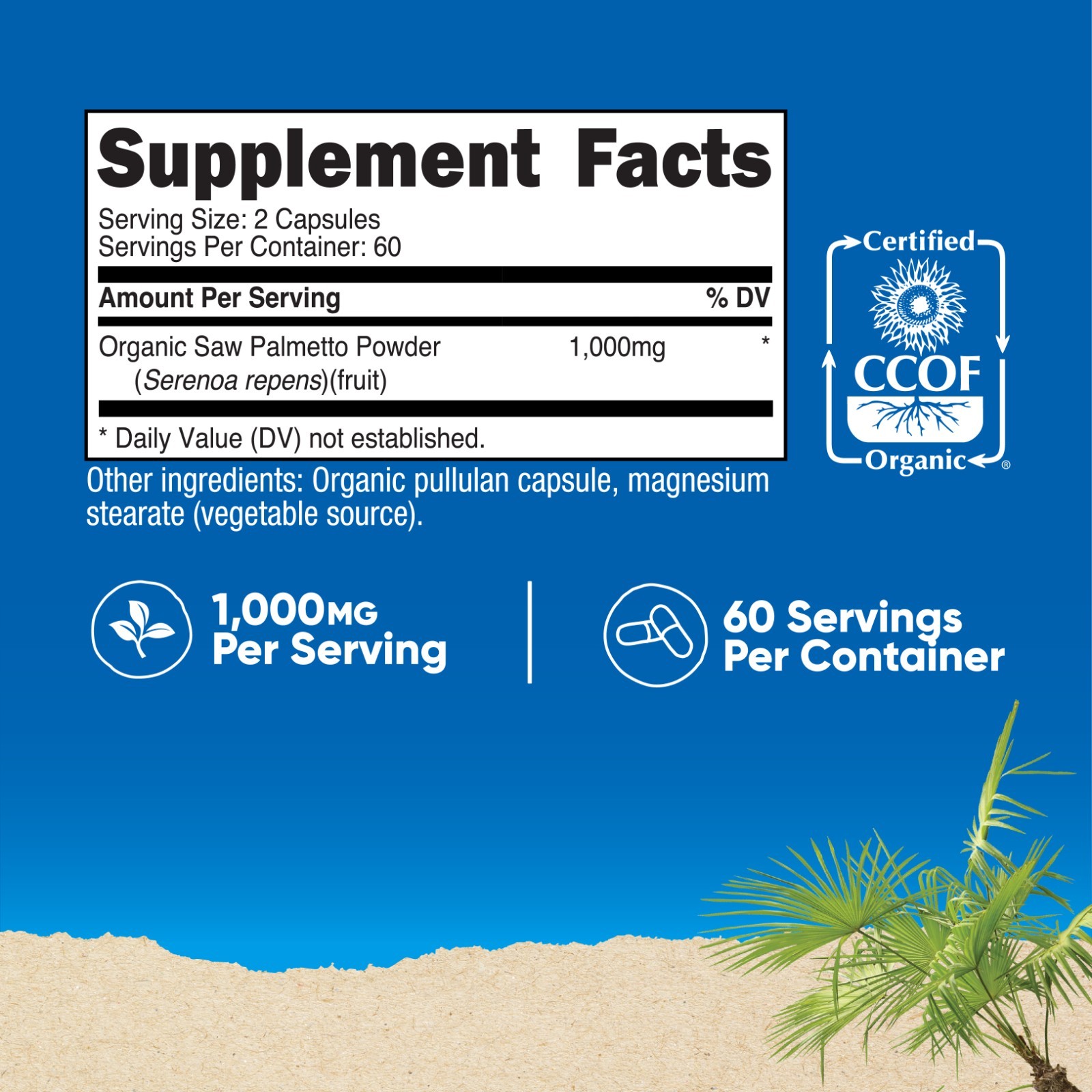 Nutricost Made with Organic Saw Palmetto 1000mg Per Serving, 60 Servs, 120 Caps