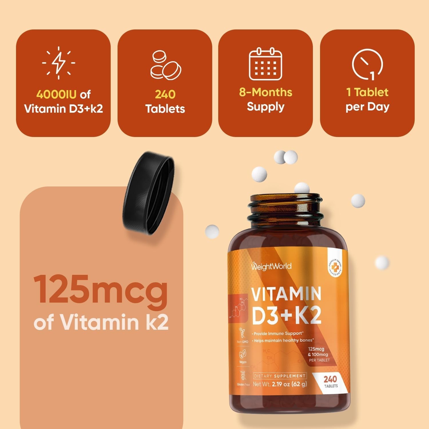 WeightWorld Vitamin D3 + K2 4000 IU 240 Tablets – Bone & Immune Support
