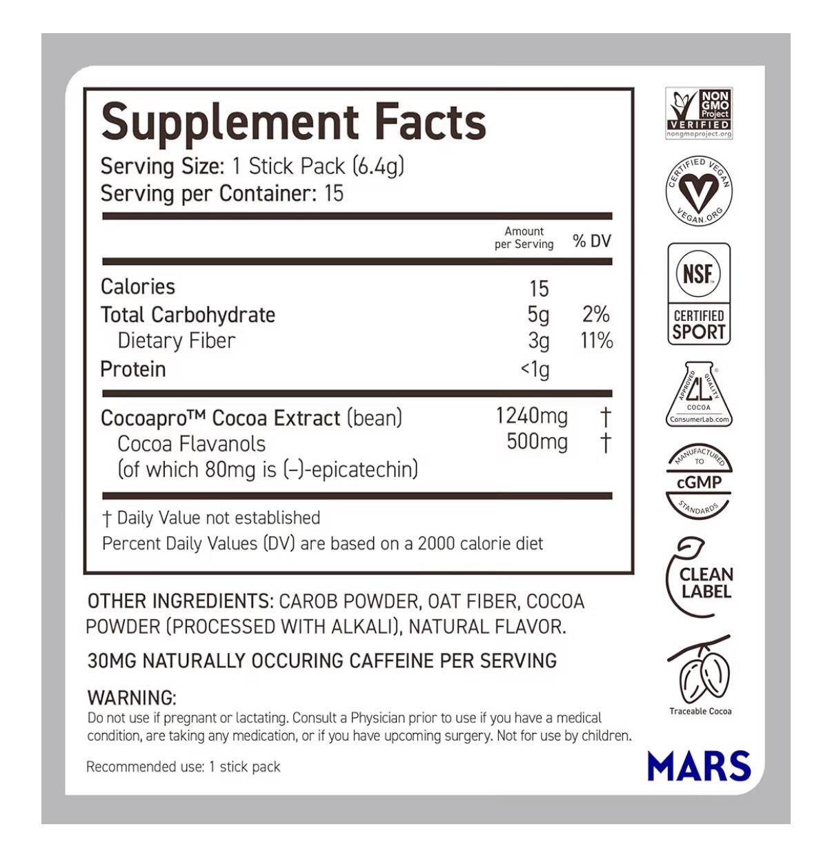 CocoaVia Cocoa Flavanols Powder Heart Circulation Cognitive Health 30 Sticks