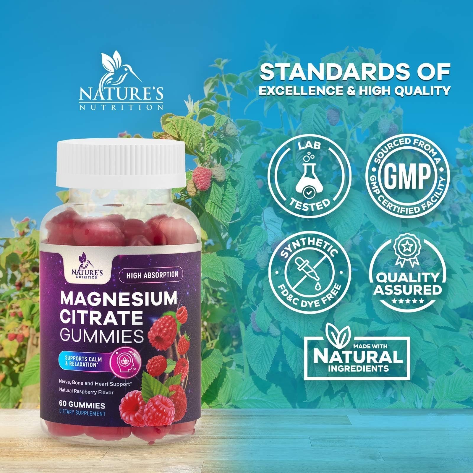 Nature’s Nutrition Magnesium Citrate Gummies 60 Count Raspberry Flavor