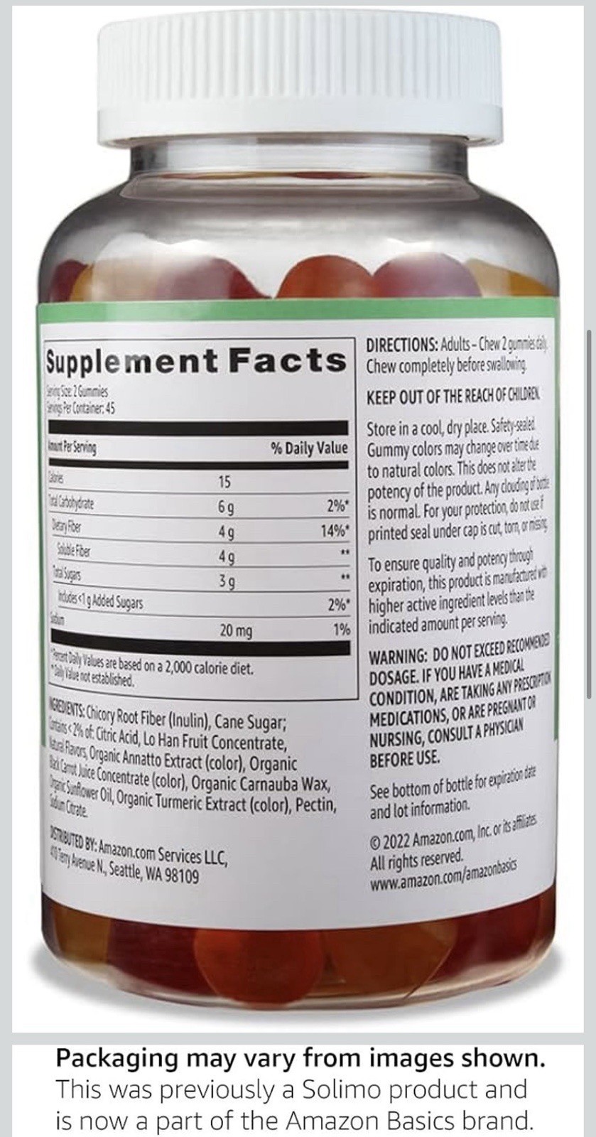 Amazon Basics Fiber 4g Digestive Support Gummies Orange Lemon Strawberry 90