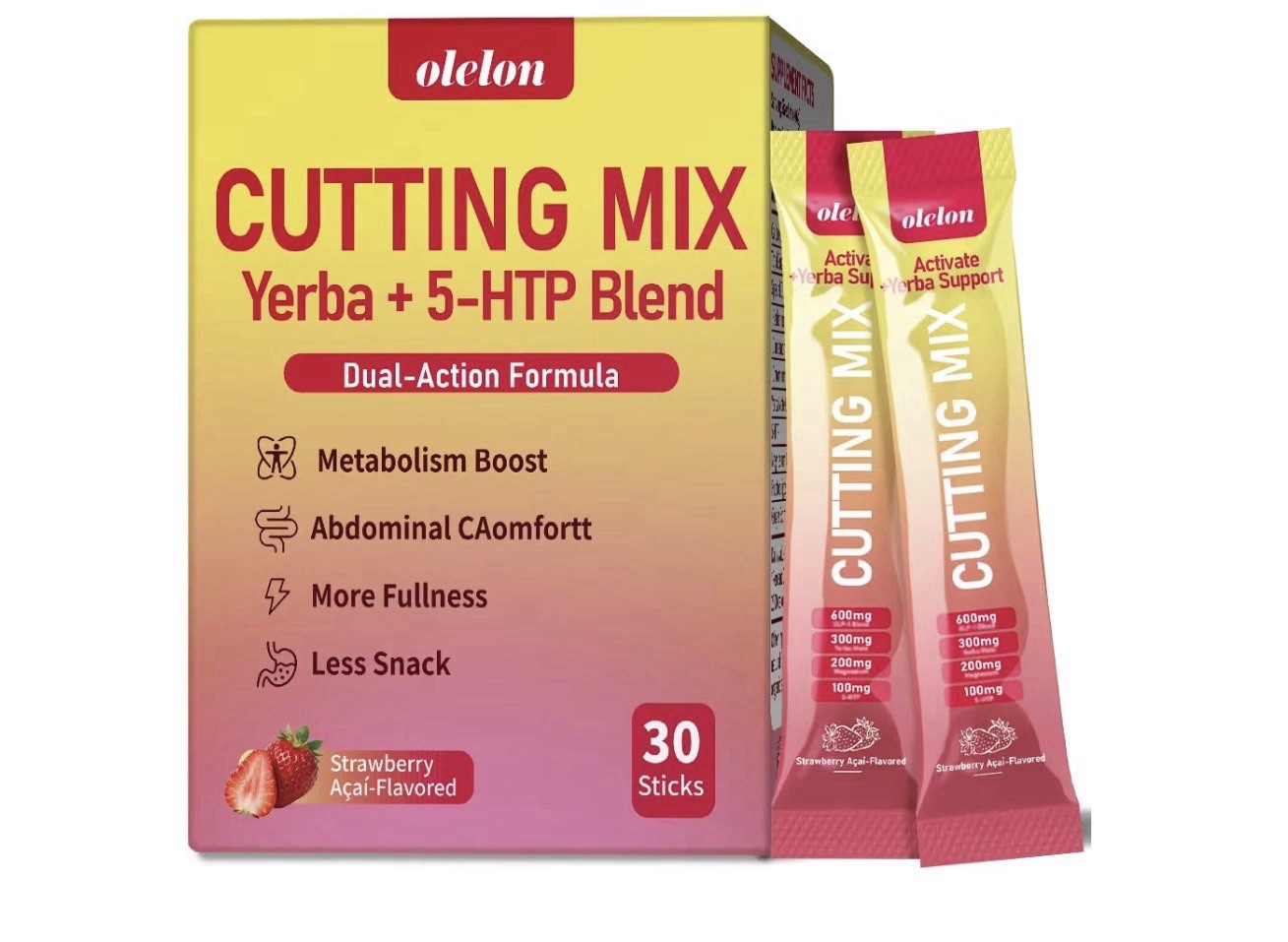 olelon Yerba Mate + 5-HTP Powder Drink Mix Strawberry Acai 30 Sticks
