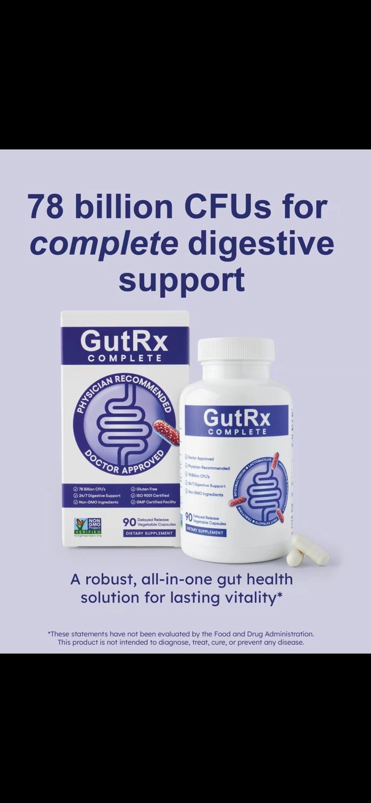 GutRx Complete Probiotic 90 Capsules Gluten-Free Non-GMO Exp 06/08/2027